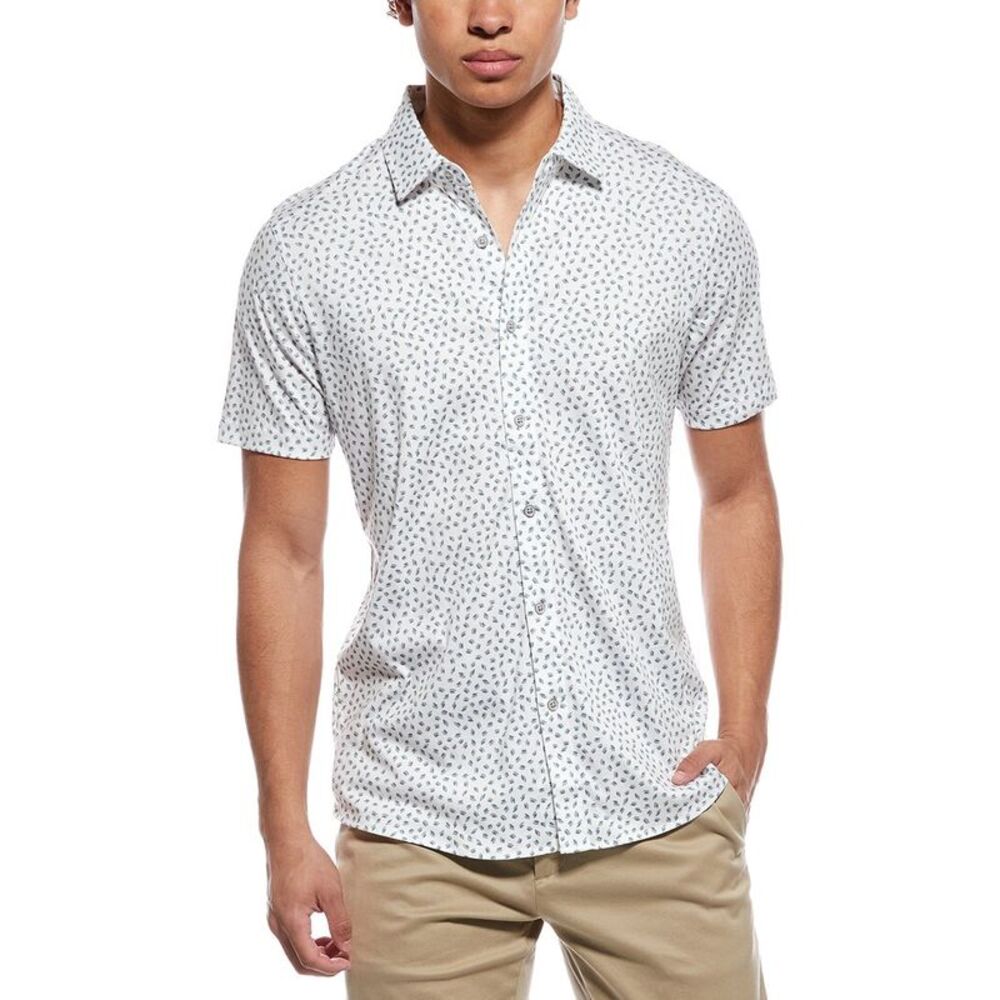 Raffi Mens  Mini Leave Print Button Shirt, Gray